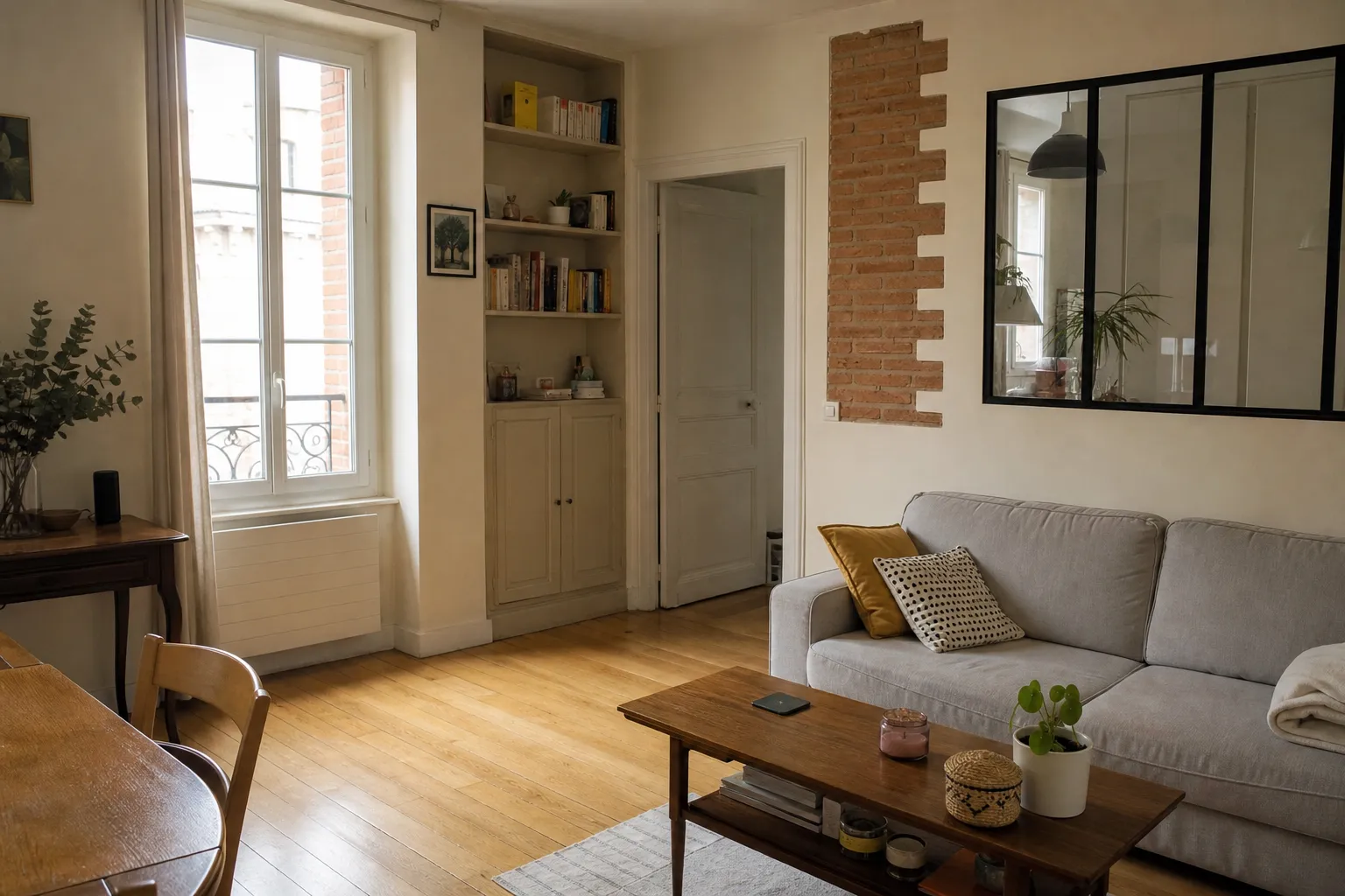 Séjour toulousain que nous entretenons chaque semaine, lumineux et habité