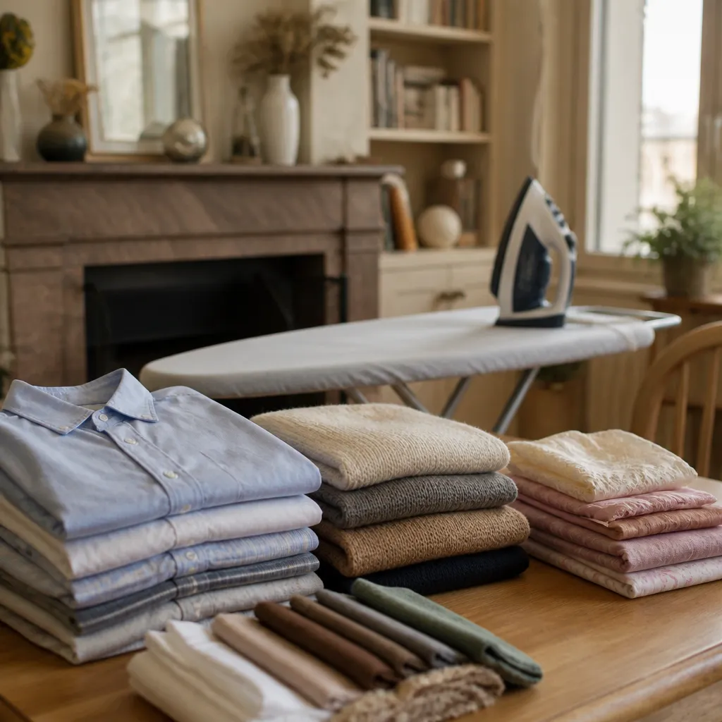 Vos textiles triés par matière avant repassage, près de la table